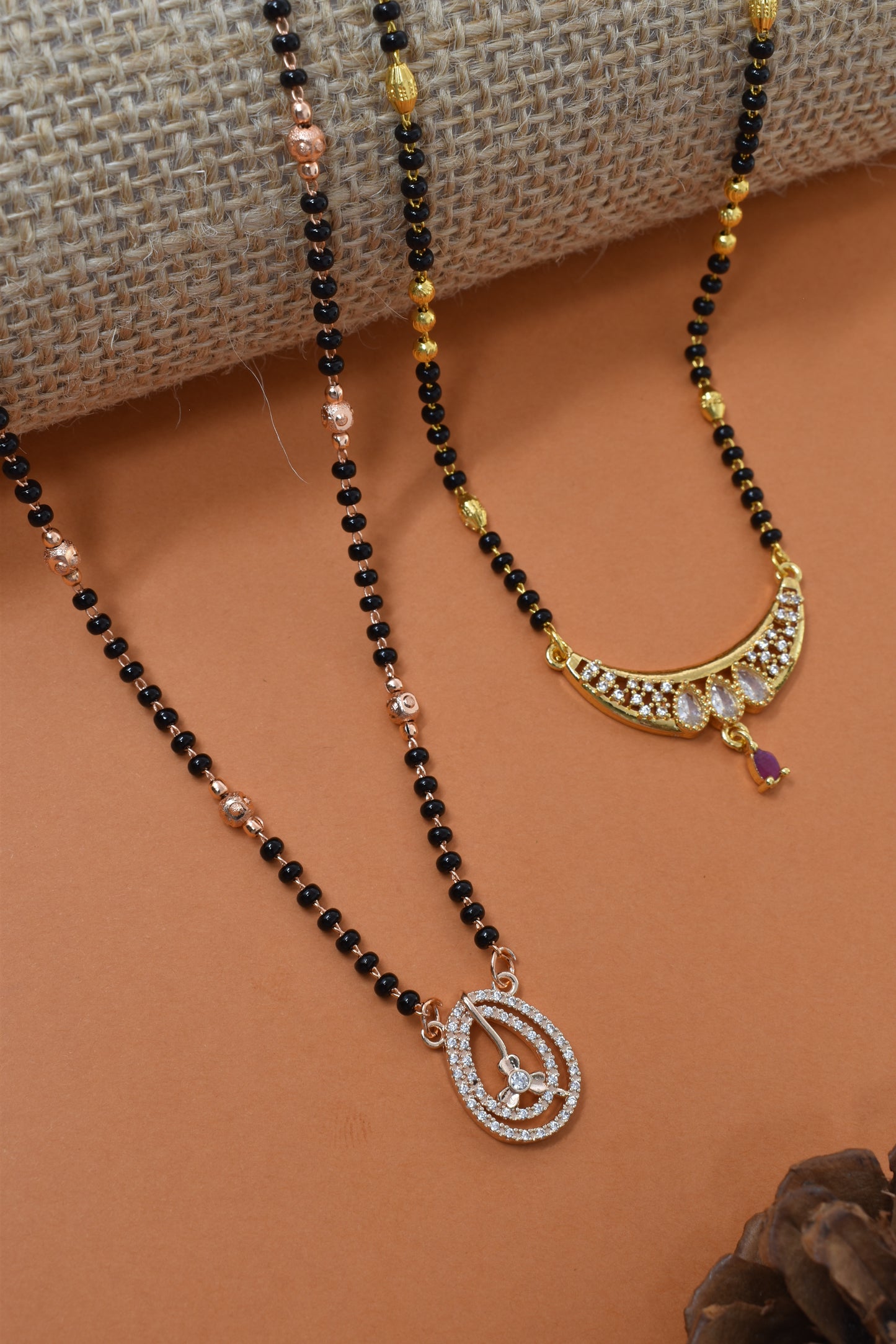 Meira Jewellery Traditional Black Bead Combo Mangalsutra Necklace for Women, Gold & Rose Gold Plated CZ Stone Stylish Mangalsutra Pendant Chain for Daily & Festive Ethnic Set of 2 Tanmaniya-73