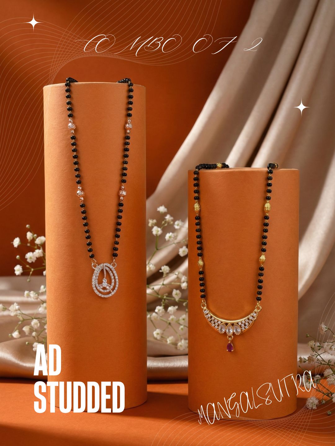 Meira Jewellery Traditional Black Bead Combo Mangalsutra Necklace for Women, Gold & Rose Gold Plated CZ Stone Stylish Mangalsutra Pendant Chain for Daily & Festive Ethnic Set of 2 Tanmaniya-73
