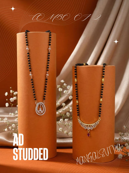 Meira Jewellery Traditional Black Bead Combo Mangalsutra Necklace for Women, Gold & Rose Gold Plated CZ Stone Stylish Mangalsutra Pendant Chain for Daily & Festive Ethnic Set of 2 Tanmaniya-73