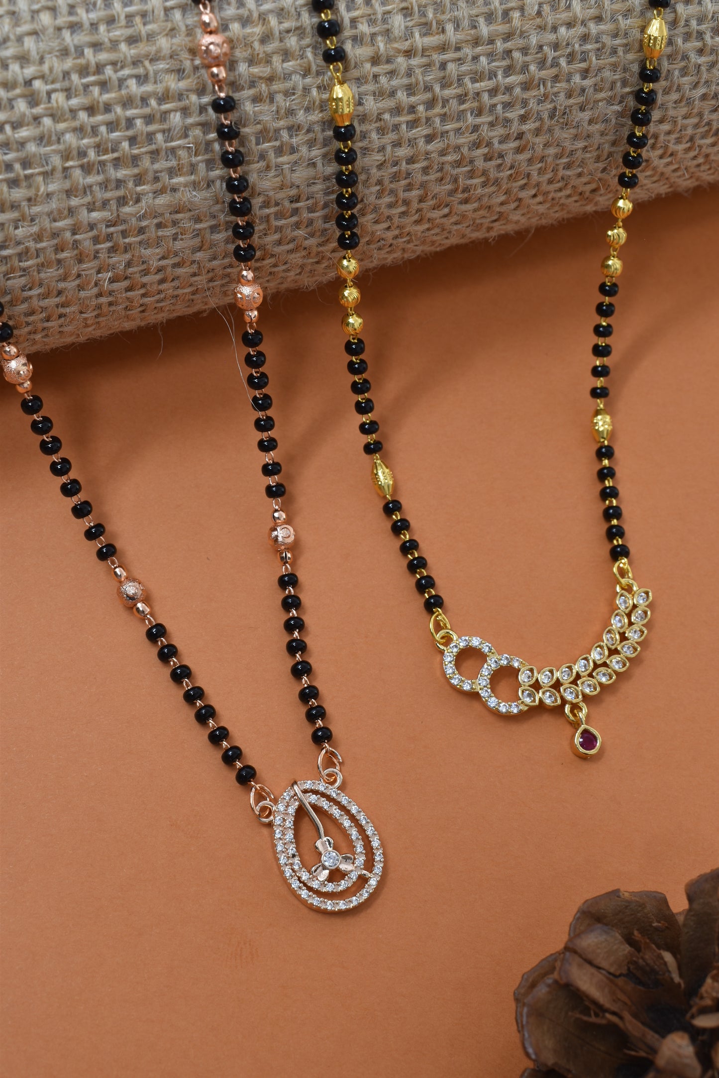 Meira Jewellery Traditional Black Bead Combo Mangalsutra Necklace for Women, Gold & Rose Gold Plated CZ Stone Stylish Mangalsutra Pendant Chain for Daily & Festive Ethnic Set of 2 Tanmaniya-74