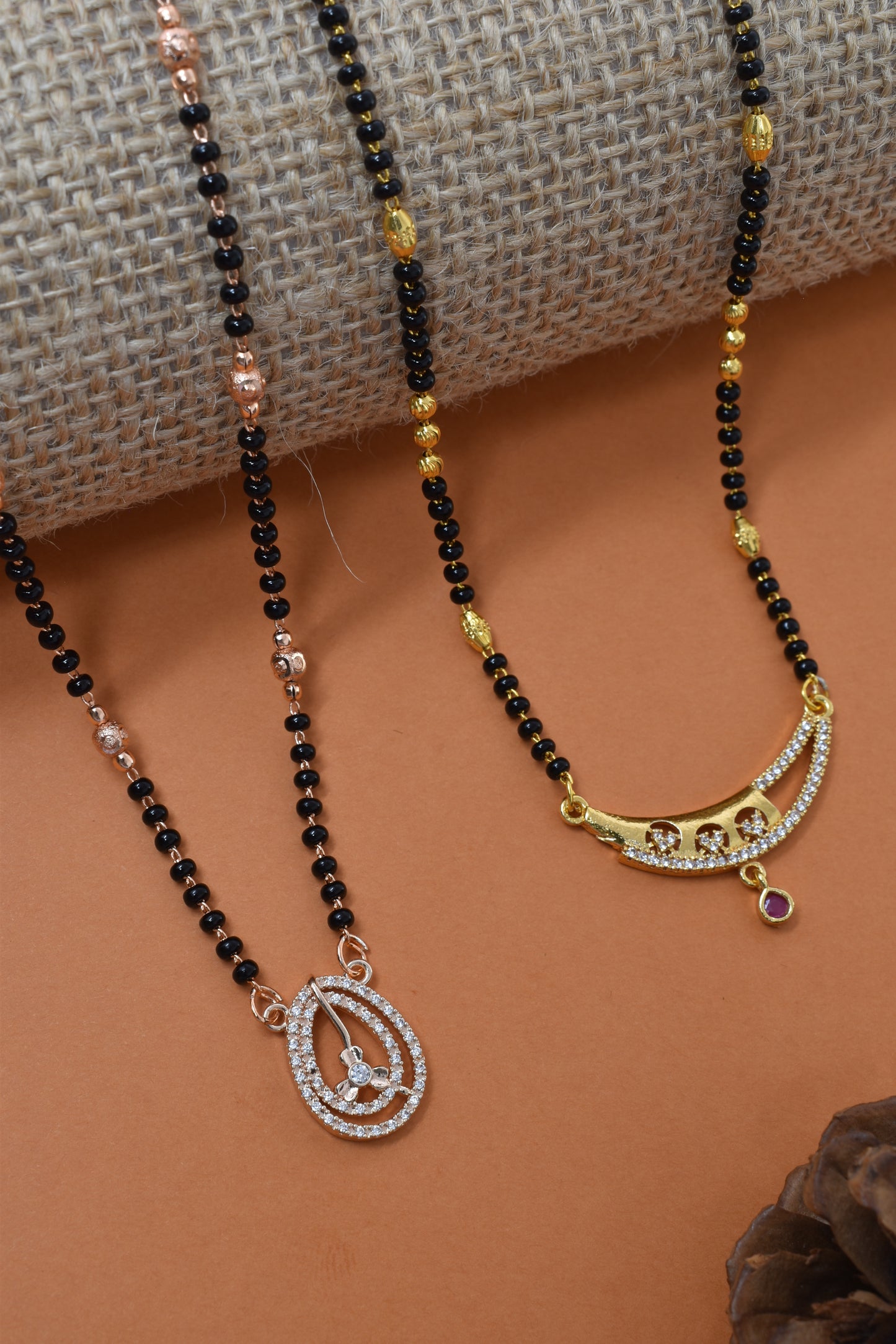 Meira Jewellery Traditional Black Bead Combo Mangalsutra Necklace for Women, Gold & Rose Gold Plated CZ Stone Stylish Mangalsutra Pendant Chain for Daily & Festive Ethnic Set of 2 Tanmaniya-76