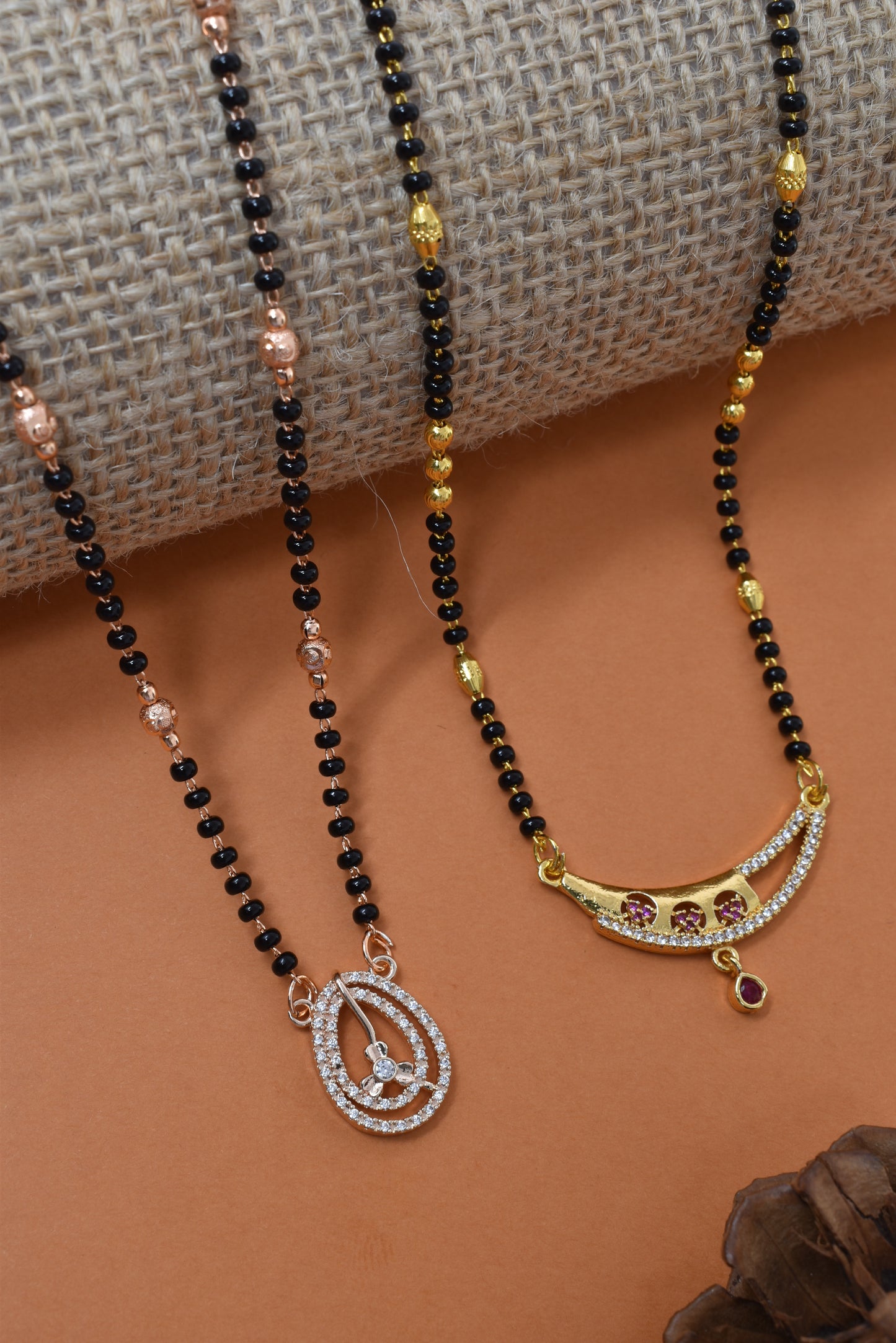 Meira Jewellery Traditional Black Bead Combo Mangalsutra Necklace for Women, Gold & Rose Gold Plated CZ Stone Stylish Mangalsutra Pendant Chain for Daily & Festive Ethnic Set of 2 Tanmaniya-77