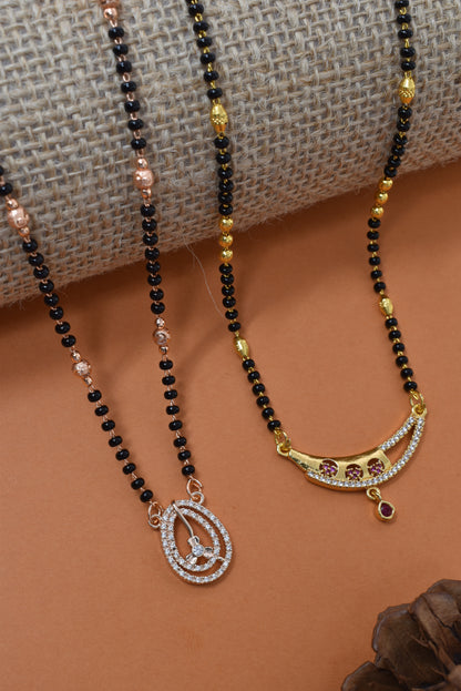 Meira Jewellery Traditional Black Bead Combo Mangalsutra Necklace for Women, Gold & Rose Gold Plated CZ Stone Stylish Mangalsutra Pendant Chain for Daily & Festive Ethnic Set of 2 Tanmaniya-77