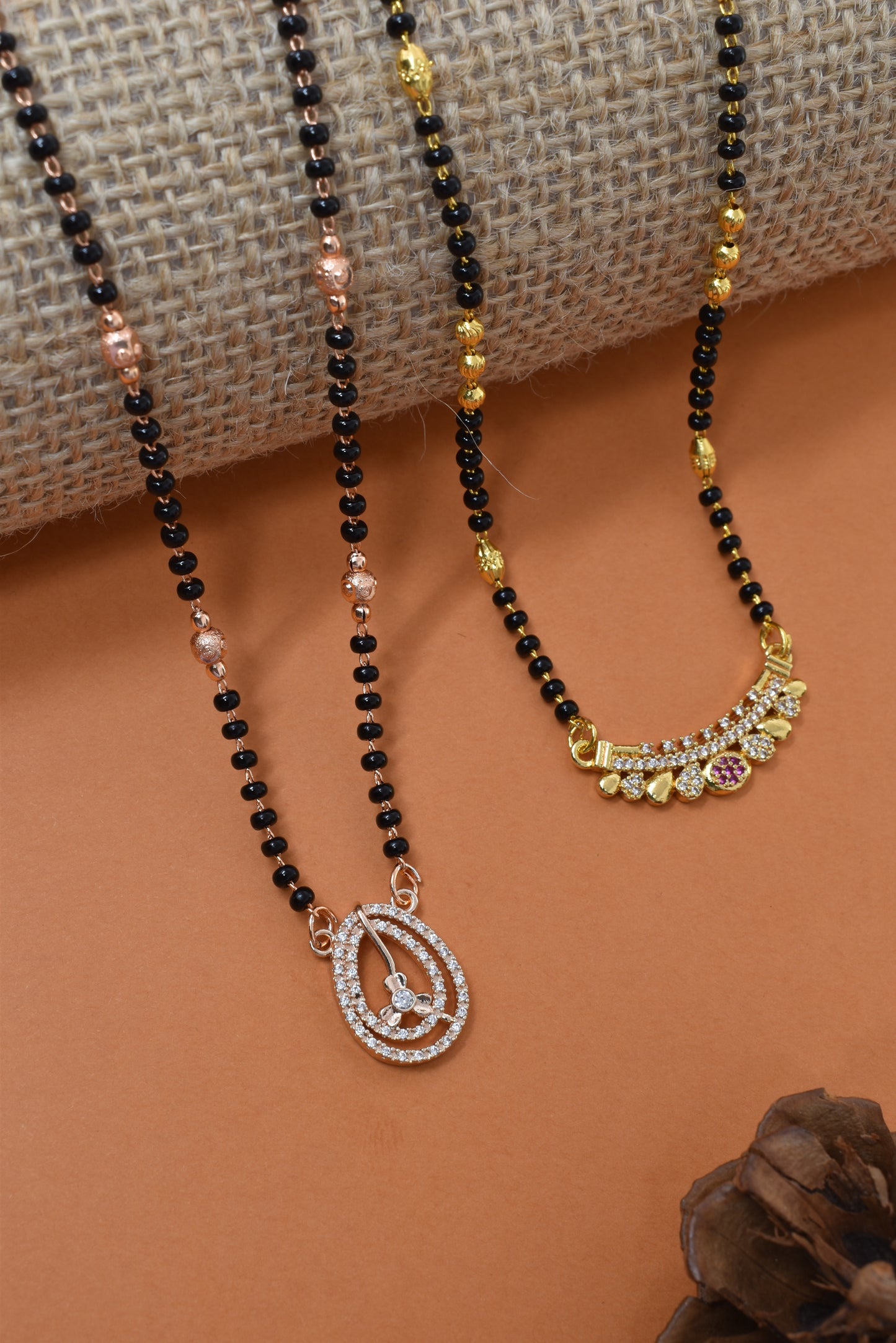 Meira Jewellery Traditional Black Bead Combo Mangalsutra Necklace for Women, Gold & Rose Gold Plated CZ Stone Stylish Mangalsutra Pendant Chain for Daily & Festive Ethnic Set of 2 Tanmaniya-79