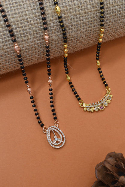 Meira Jewellery Traditional Black Bead Combo Mangalsutra Necklace for Women, Gold & Rose Gold Plated CZ Stone Stylish Mangalsutra Pendant Chain for Daily & Festive Ethnic Set of 2 Tanmaniya-79