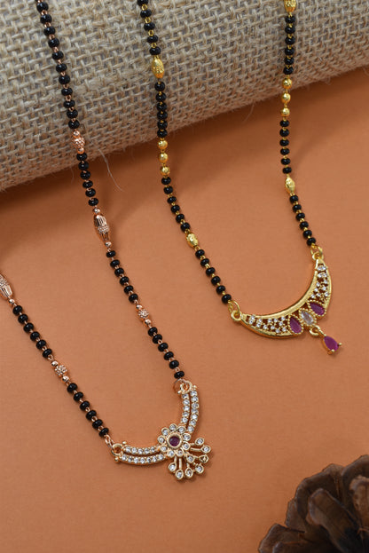 Meira Jewellery Traditional Black Bead Combo Mangalsutra Necklace for Women, Gold & Rose Gold Plated CZ Stone Stylish Mangalsutra Pendant Chain for Daily & Festive Ethnic Set of 2 Tanmaniya-80