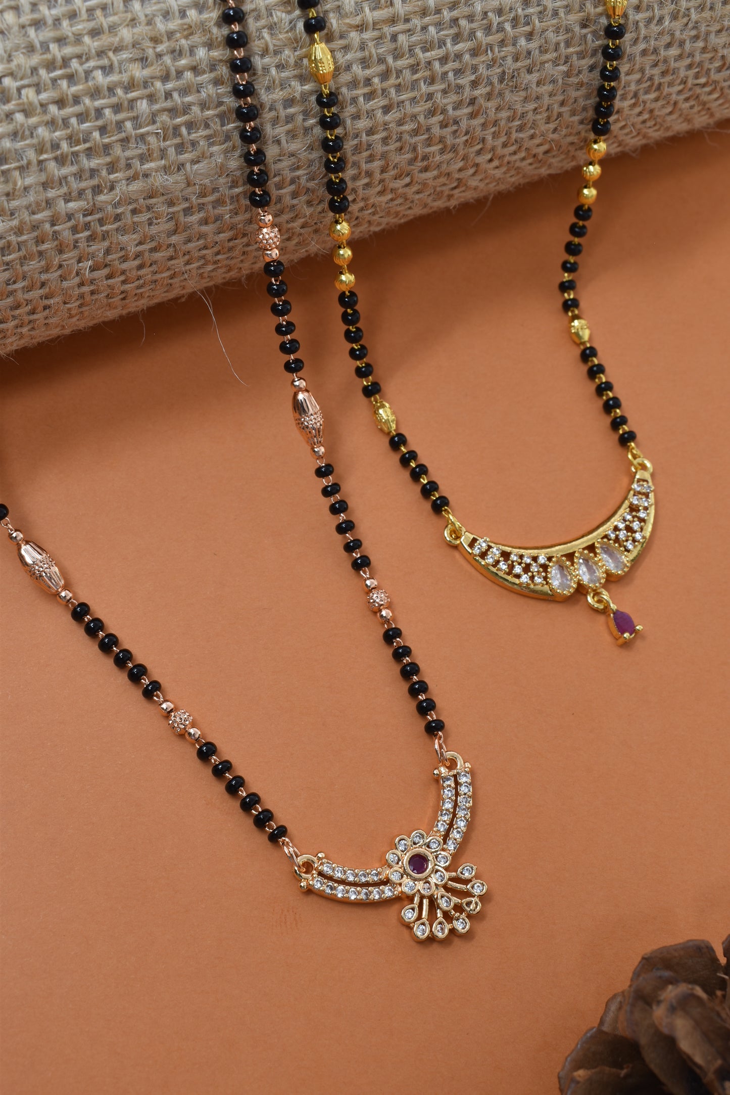 Meira Jewellery Traditional Black Bead Combo Mangalsutra Necklace for Women, Gold & Rose Gold Plated CZ Stone Stylish Mangalsutra Pendant Chain for Daily & Festive Ethnic Set of 2 Tanmaniya-81