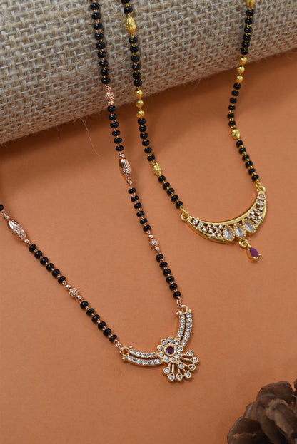 Meira Jewellery Traditional Black Bead Combo Mangalsutra Necklace for Women, Gold & Rose Gold Plated CZ Stone Stylish Mangalsutra Pendant Chain for Daily & Festive Ethnic Set of 2 Tanmaniya-81