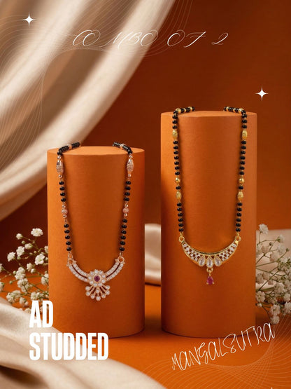 Meira Jewellery Traditional Black Bead Combo Mangalsutra Necklace for Women, Gold & Rose Gold Plated CZ Stone Stylish Mangalsutra Pendant Chain for Daily & Festive Ethnic Set of 2 Tanmaniya-81
