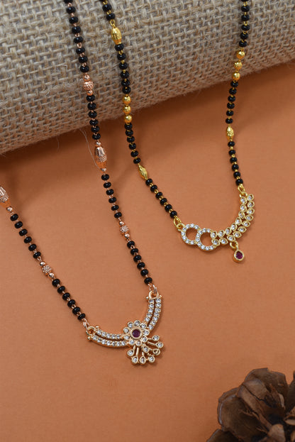 Meira Jewellery Traditional Black Bead Combo Mangalsutra Necklace for Women, Gold & Rose Gold Plated CZ Stone Stylish Mangalsutra Pendant Chain for Daily & Festive Ethnic Set of 2 Tanmaniya-82