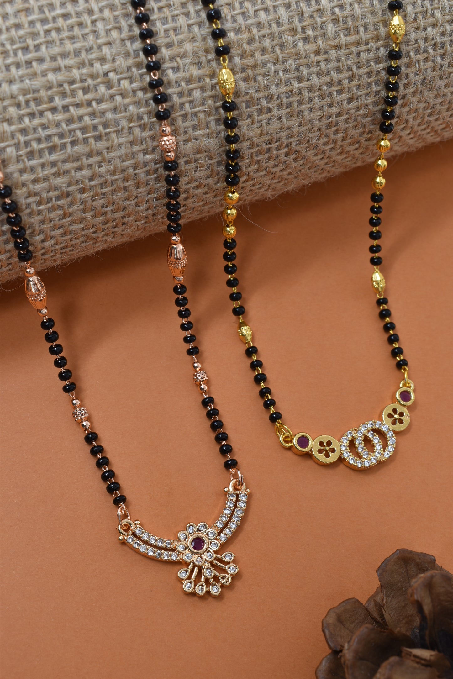 Meira Jewellery Traditional Black Bead Combo Mangalsutra Necklace for Women, Gold & Rose Gold Plated CZ Stone Stylish Mangalsutra Pendant Chain for Daily & Festive Ethnic Set of 2 Tanmaniya-83