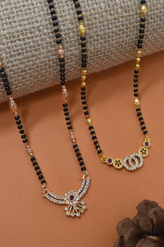 Meira Jewellery Traditional Black Bead Combo Mangalsutra Necklace for Women, Gold & Rose Gold Plated CZ Stone Stylish Mangalsutra Pendant Chain for Daily & Festive Ethnic Set of 2 Tanmaniya-83