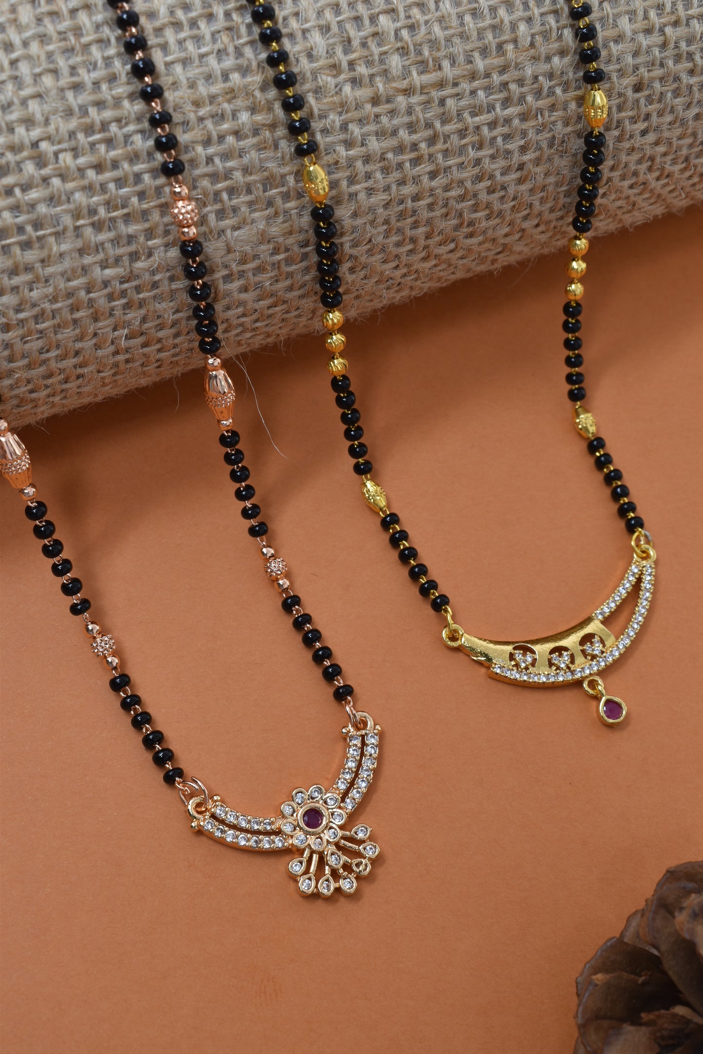 Meira Jewellery Traditional Black Bead Combo Mangalsutra Necklace for Women, Gold & Rose Gold Plated CZ Stone Stylish Mangalsutra Pendant Chain for Daily & Festive Ethnic Set of 2 Tanmaniya-84