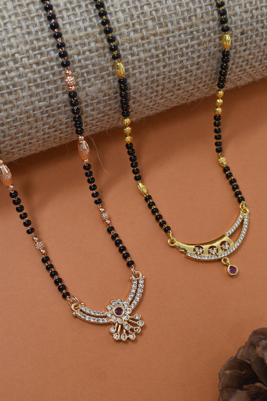 Meira Jewellery Traditional Black Bead Combo Mangalsutra Necklace for Women, Gold & Rose Gold Plated CZ Stone Stylish Mangalsutra Pendant Chain for Daily & Festive Ethnic Set of 2 Tanmaniya-84