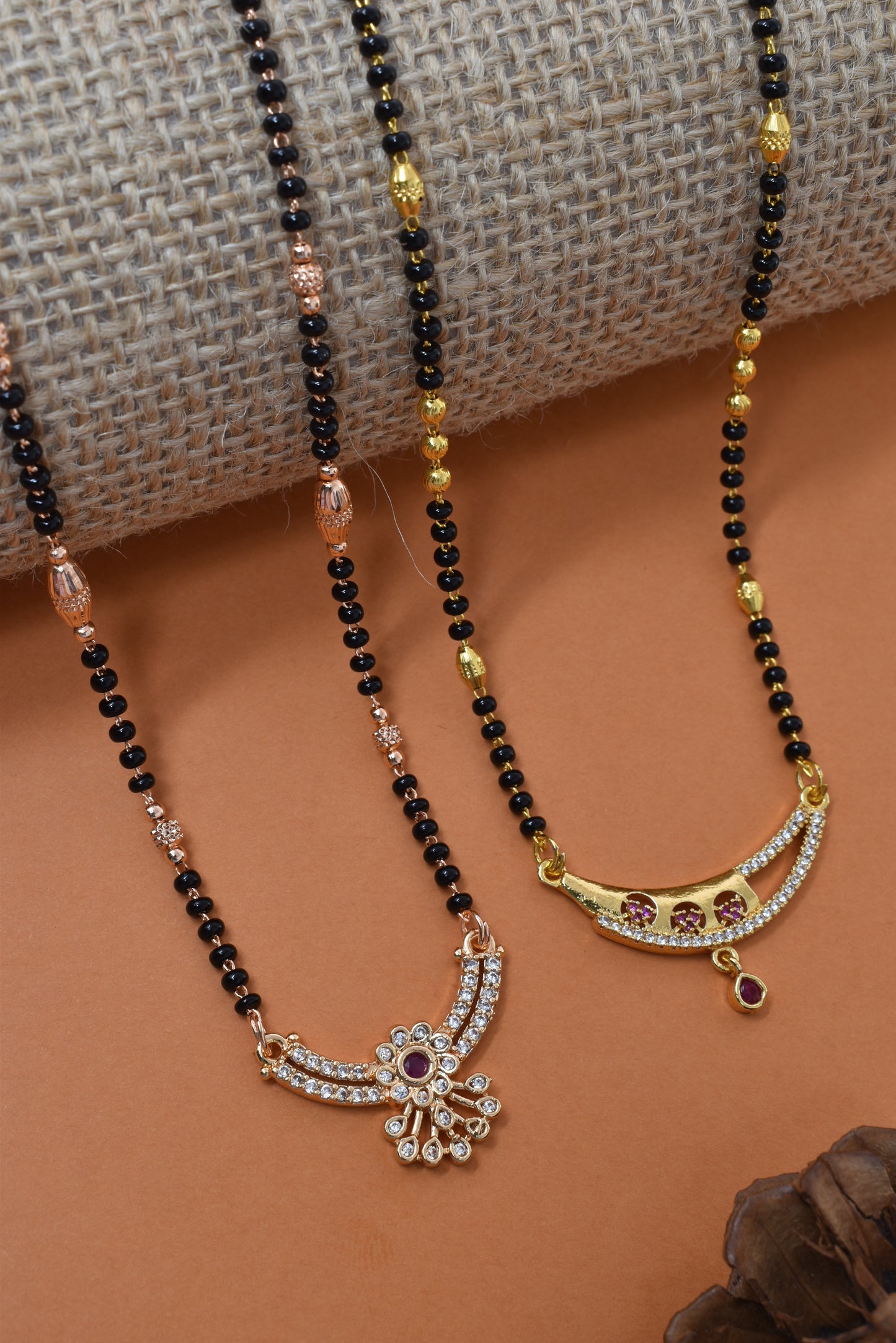 Meira Jewellery Traditional Black Bead Combo Mangalsutra Necklace for Women, Gold & Rose Gold Plated CZ Stone Stylish Mangalsutra Pendant Chain for Daily & Festive Ethnic Set of 2 Tanmaniya-85