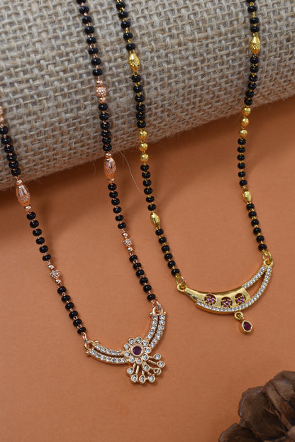 Meira Jewellery Traditional Black Bead Combo Mangalsutra Necklace for Women, Gold & Rose Gold Plated CZ Stone Stylish Mangalsutra Pendant Chain for Daily & Festive Ethnic Set of 2 Tanmaniya-85