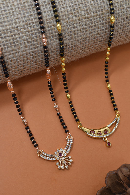Meira Jewellery Traditional Black Bead Combo Mangalsutra Necklace for Women, Gold & Rose Gold Plated CZ Stone Stylish Mangalsutra Pendant Chain for Daily & Festive Ethnic Set of 2 Tanmaniya-85