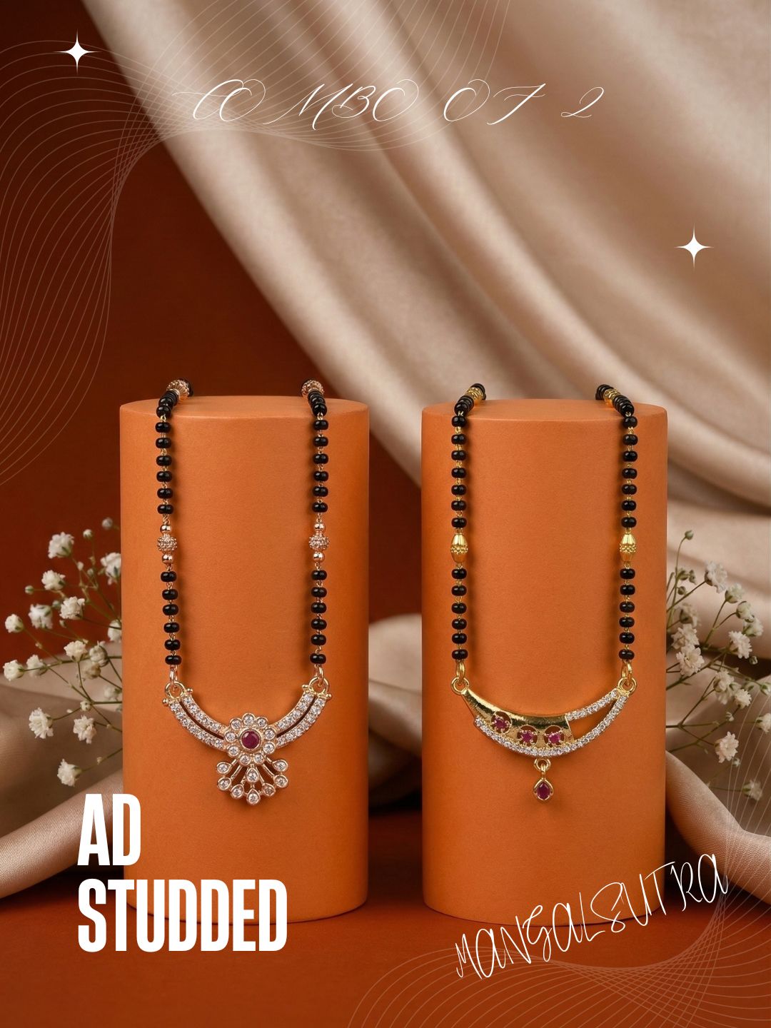 Meira Jewellery Traditional Black Bead Combo Mangalsutra Necklace for Women, Gold & Rose Gold Plated CZ Stone Stylish Mangalsutra Pendant Chain for Daily & Festive Ethnic Set of 2 Tanmaniya-85