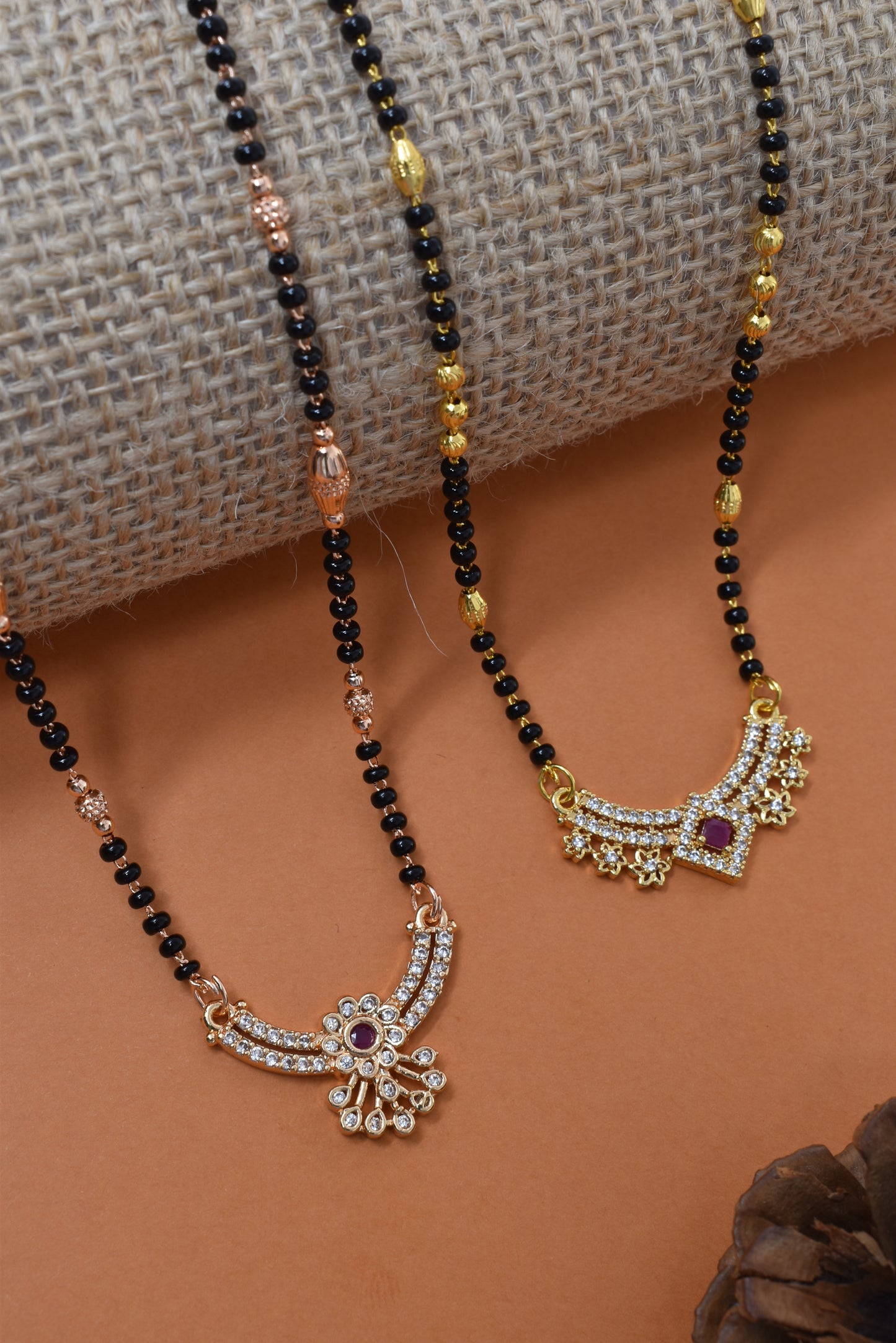 Meira Jewellery Traditional Black Bead Combo Mangalsutra Necklace for Women, Gold & Rose Gold Plated CZ Stone Stylish Mangalsutra Pendant Chain for Daily & Festive Ethnic Set of 2 Tanmaniya-86