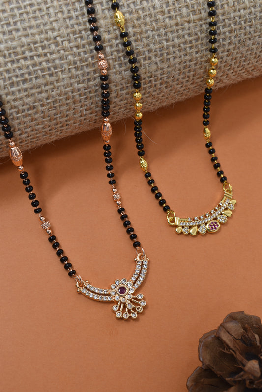 Meira Jewellery Traditional Black Bead Combo Mangalsutra Necklace for Women, Gold & Rose Gold Plated CZ Stone Stylish Mangalsutra Pendant Chain for Daily & Festive Ethnic Set of 2 Tanmaniya-87