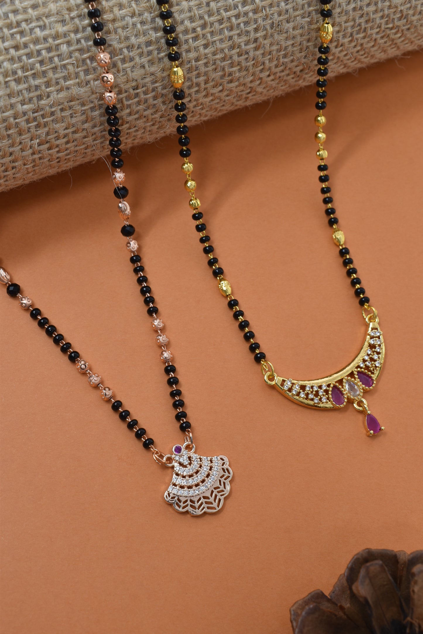 Meira Jewellery Traditional Black Bead Combo Mangalsutra Necklace for Women, Gold & Rose Gold Plated CZ Stone Stylish Mangalsutra Pendant Chain for Daily & Festive Ethnic Set of 2 Tanmaniya-88