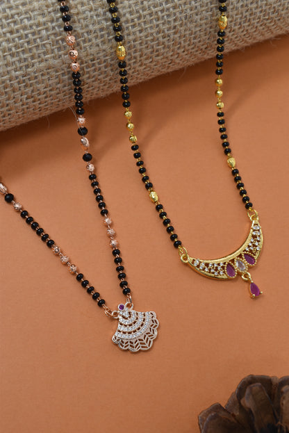 Meira Jewellery Traditional Black Bead Combo Mangalsutra Necklace for Women, Gold & Rose Gold Plated CZ Stone Stylish Mangalsutra Pendant Chain for Daily & Festive Ethnic Set of 2 Tanmaniya-88