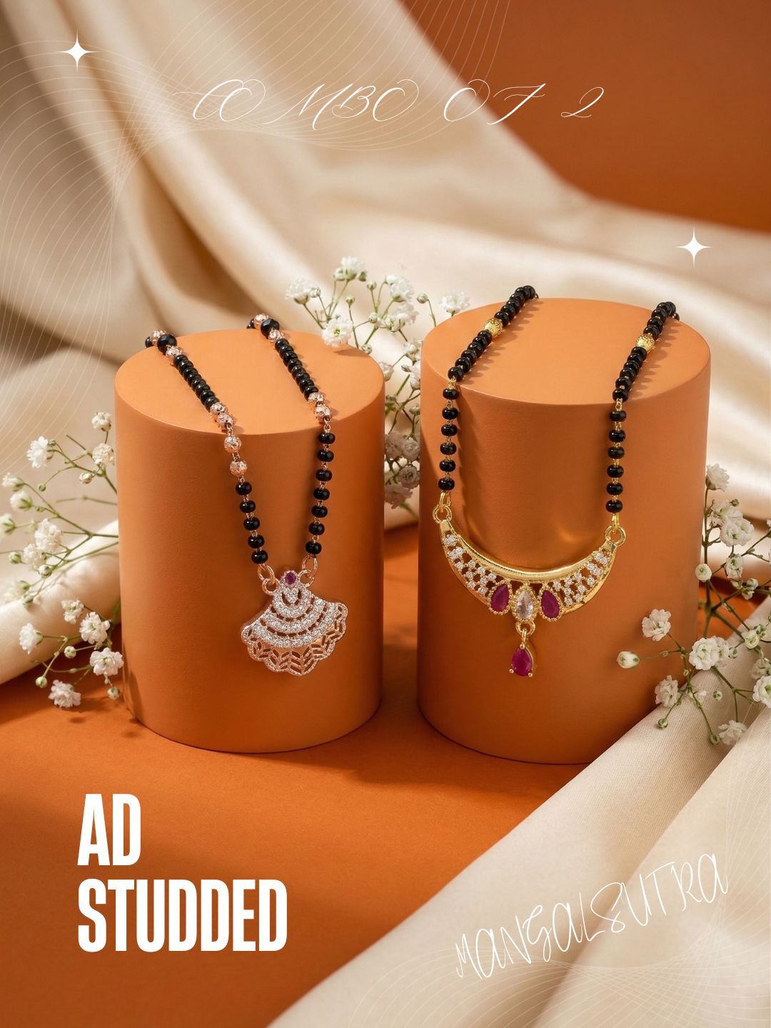 Meira Jewellery Traditional Black Bead Combo Mangalsutra Necklace for Women, Gold & Rose Gold Plated CZ Stone Stylish Mangalsutra Pendant Chain for Daily & Festive Ethnic Set of 2 Tanmaniya-88