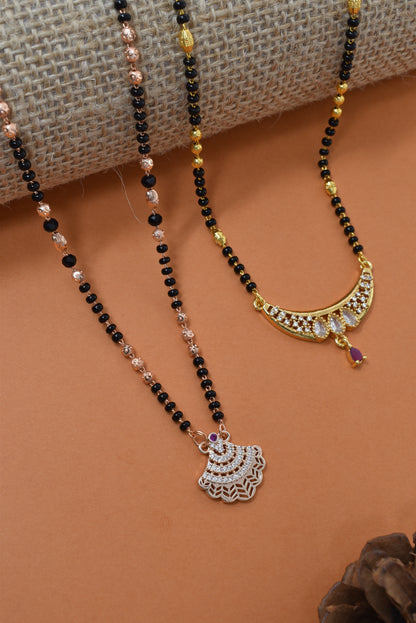 Meira Jewellery Traditional Black Bead Combo Mangalsutra Necklace for Women, Gold & Rose Gold Plated CZ Stone Stylish Mangalsutra Pendant Chain for Daily & Festive Ethnic Set of 2 Tanmaniya-89