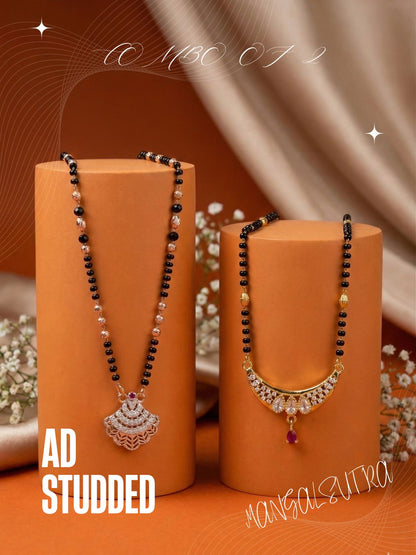 Meira Jewellery Traditional Black Bead Combo Mangalsutra Necklace for Women, Gold & Rose Gold Plated CZ Stone Stylish Mangalsutra Pendant Chain for Daily & Festive Ethnic Set of 2 Tanmaniya-89