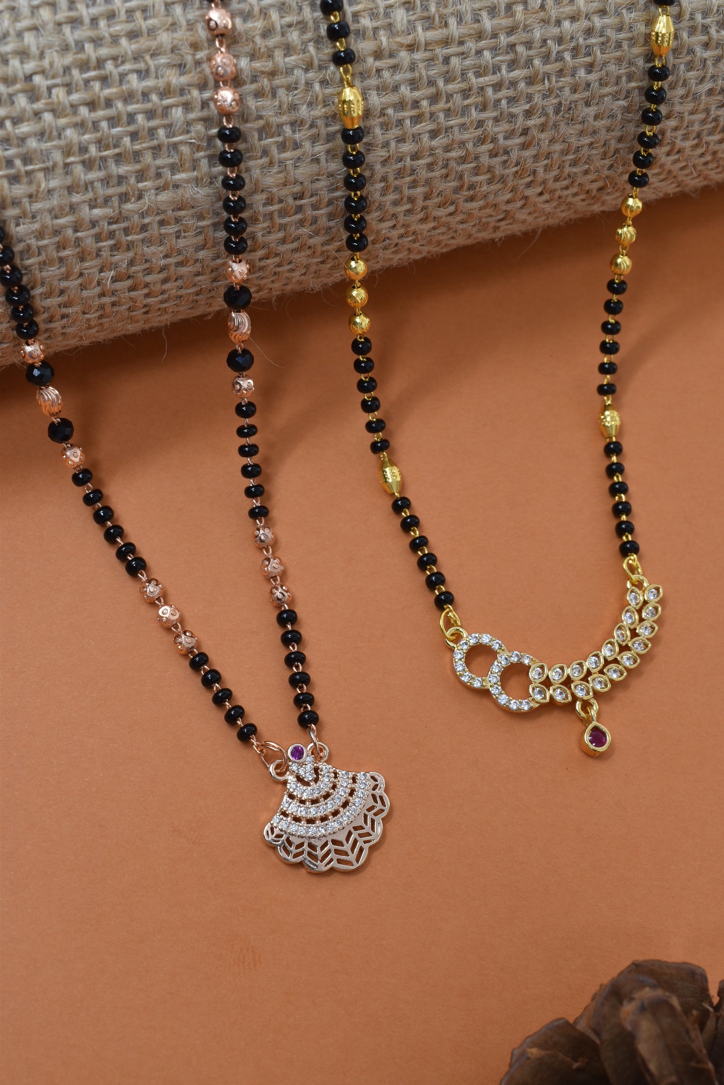 Meira Jewellery Traditional Black Bead Combo Mangalsutra Necklace for Women, Gold & Rose Gold Plated CZ Stone Stylish Mangalsutra Pendant Chain for Daily & Festive Ethnic Set of 2 Tanmaniya-90