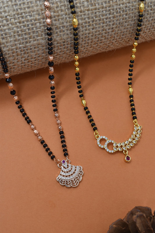 Meira Jewellery Traditional Black Bead Combo Mangalsutra Necklace for Women, Gold & Rose Gold Plated CZ Stone Stylish Mangalsutra Pendant Chain for Daily & Festive Ethnic Set of 2 Tanmaniya-90