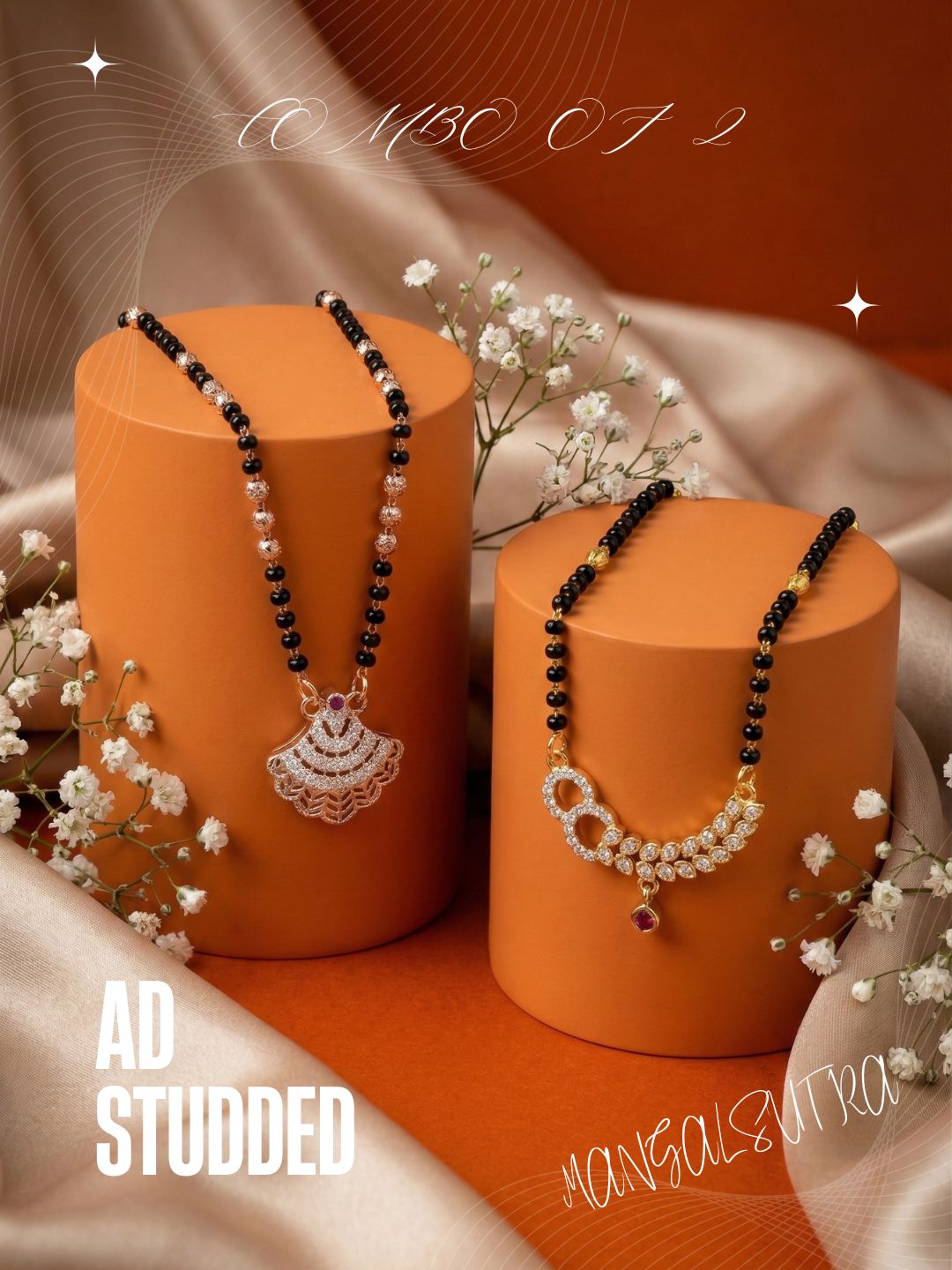 Meira Jewellery Traditional Black Bead Combo Mangalsutra Necklace for Women, Gold & Rose Gold Plated CZ Stone Stylish Mangalsutra Pendant Chain for Daily & Festive Ethnic Set of 2 Tanmaniya-90