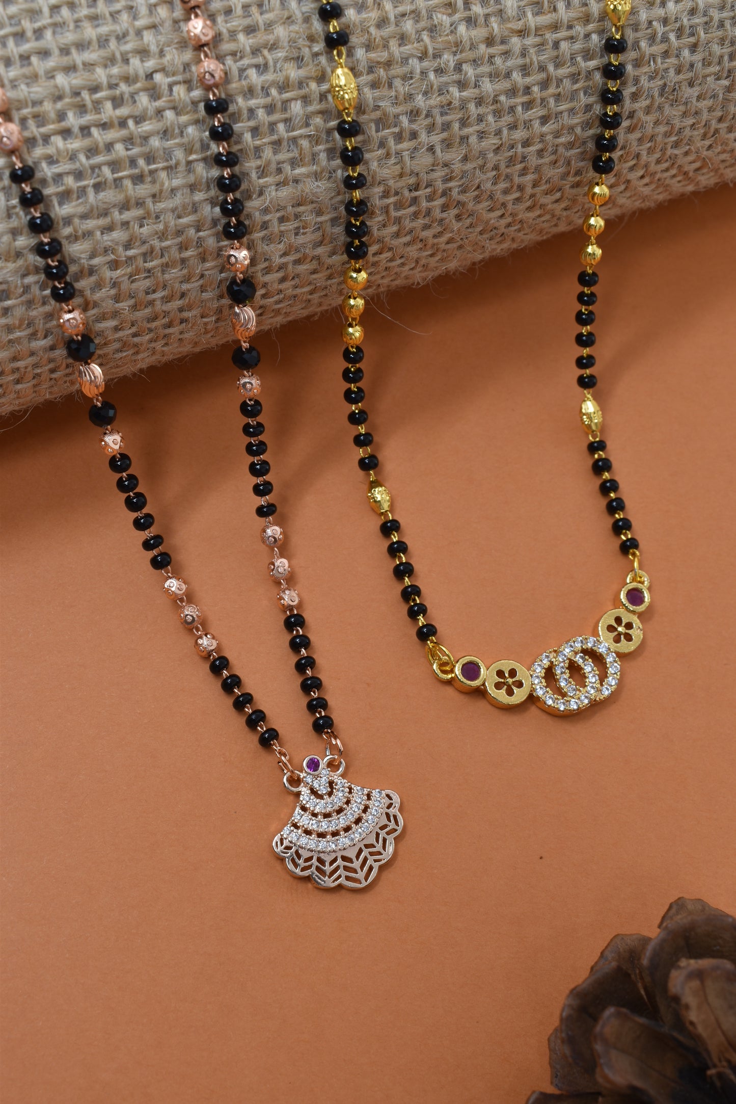 Meira Jewellery Traditional Black Bead Combo Mangalsutra Necklace for Women, Gold & Rose Gold Plated CZ Stone Stylish Mangalsutra Pendant Chain for Daily & Festive Ethnic Set of 2 Tanmaniya-91