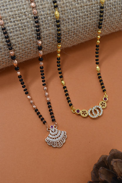 Meira Jewellery Traditional Black Bead Combo Mangalsutra Necklace for Women, Gold & Rose Gold Plated CZ Stone Stylish Mangalsutra Pendant Chain for Daily & Festive Ethnic Set of 2 Tanmaniya-91