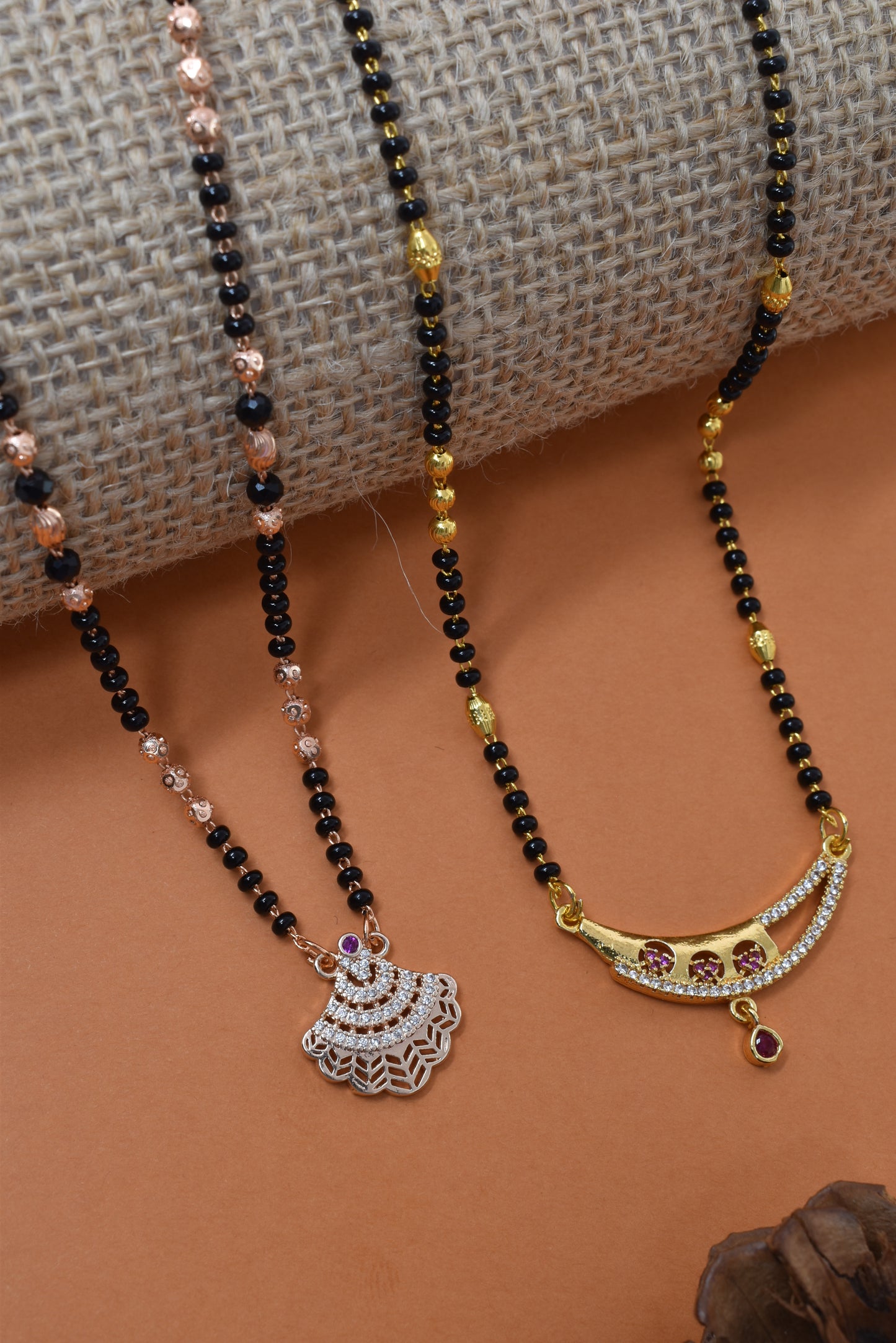 Meira Jewellery Traditional Black Bead Combo Mangalsutra Necklace for Women, Gold & Rose Gold Plated CZ Stone Stylish Mangalsutra Pendant Chain for Daily & Festive Ethnic Set of 2 Tanmaniya-92