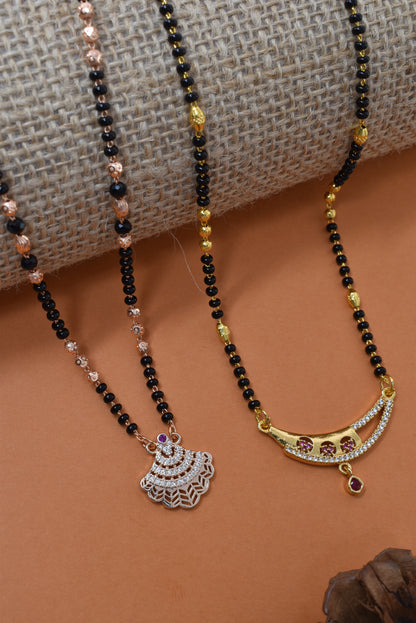 Meira Jewellery Traditional Black Bead Combo Mangalsutra Necklace for Women, Gold & Rose Gold Plated CZ Stone Stylish Mangalsutra Pendant Chain for Daily & Festive Ethnic Set of 2 Tanmaniya-92