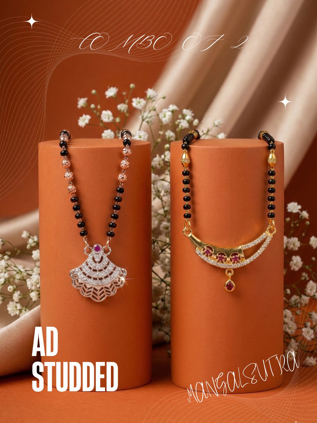 Meira Jewellery Traditional Black Bead Combo Mangalsutra Necklace for Women, Gold & Rose Gold Plated CZ Stone Stylish Mangalsutra Pendant Chain for Daily & Festive Ethnic Set of 2 Tanmaniya-92