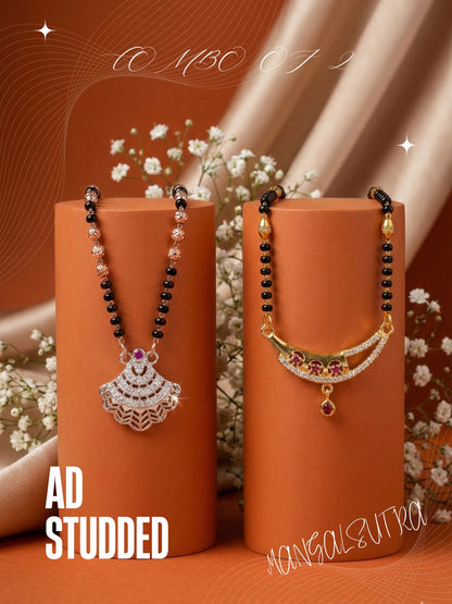 Meira Jewellery Traditional Black Bead Combo Mangalsutra Necklace for Women, Gold & Rose Gold Plated CZ Stone Stylish Mangalsutra Pendant Chain for Daily & Festive Ethnic Set of 2 Tanmaniya-92