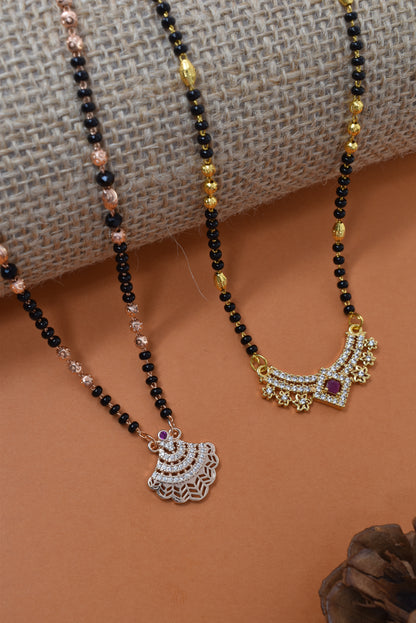 Meira Jewellery Traditional Black Bead Combo Mangalsutra Necklace for Women, Gold & Rose Gold Plated CZ Stone Stylish Mangalsutra Pendant Chain for Daily & Festive Ethnic Set of 2 Tanmaniya-93
