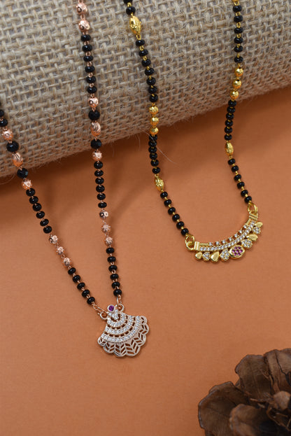 Meira Jewellery Traditional Black Bead Combo Mangalsutra Necklace for Women, Gold & Rose Gold Plated CZ Stone Stylish Mangalsutra Pendant Chain for Daily & Festive Ethnic Set of 2 Tanmaniya-94