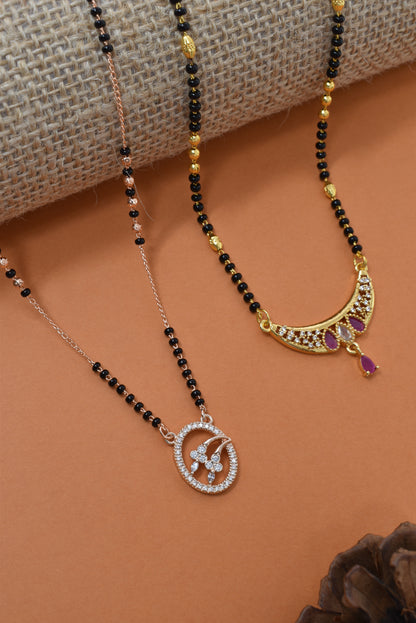 Meira Jewellery Traditional Black Bead Combo Mangalsutra Necklace for Women, Gold & Rose Gold Plated CZ Stone Stylish Mangalsutra Pendant Chain for Daily & Festive Ethnic Set of 2 Tanmaniya-95