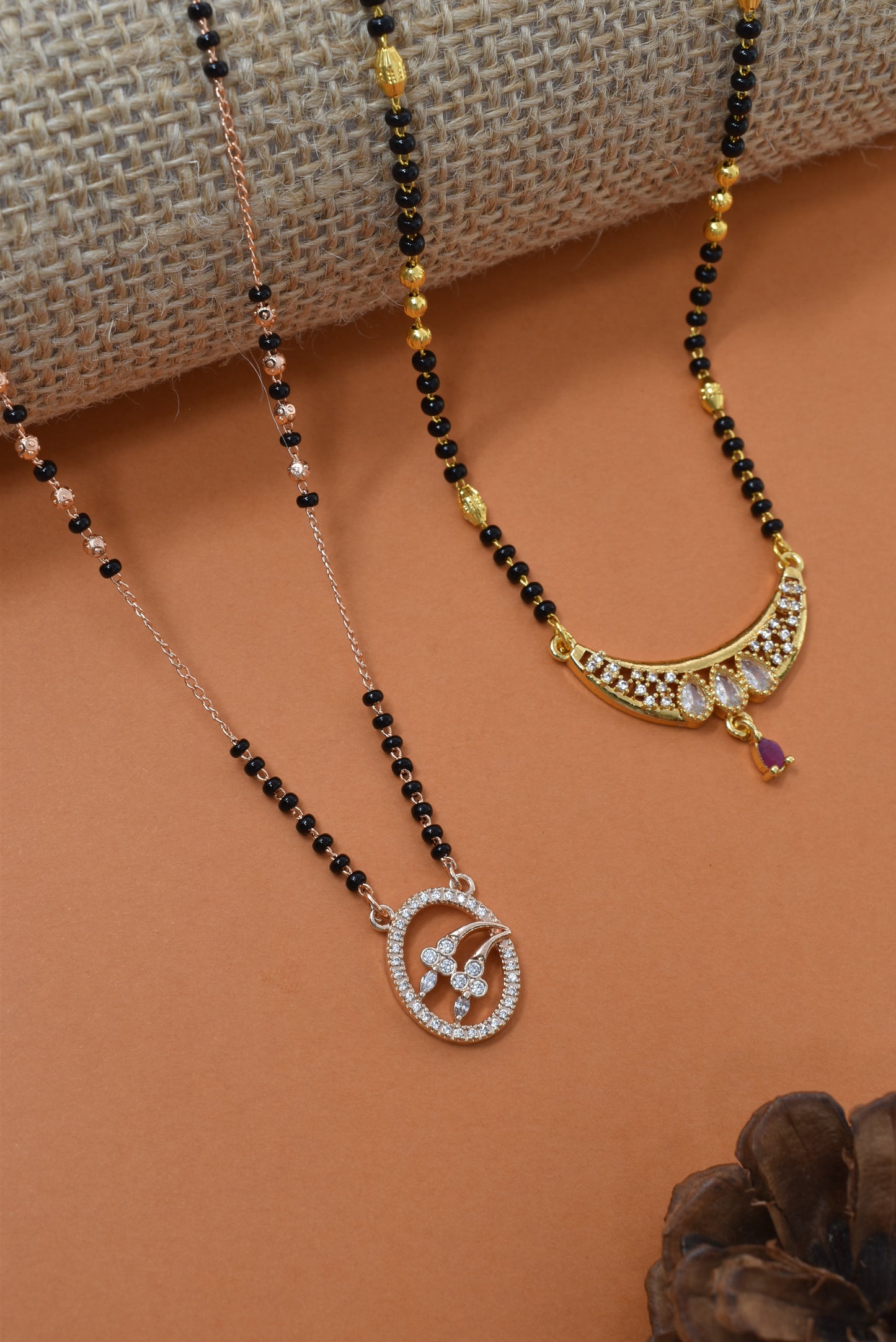 Meira Jewellery Traditional Black Bead Combo Mangalsutra Necklace for Women, Gold & Rose Gold Plated CZ Stone Stylish Mangalsutra Pendant Chain for Daily & Festive Ethnic Set of 2 Tanmaniya-96