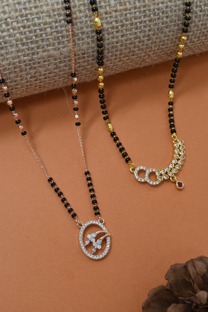 Meira Jewellery Traditional Black Bead Combo Mangalsutra Necklace for Women, Gold & Rose Gold Plated CZ Stone Stylish Mangalsutra Pendant Chain for Daily & Festive Ethnic Set of 2 Tanmaniya-97