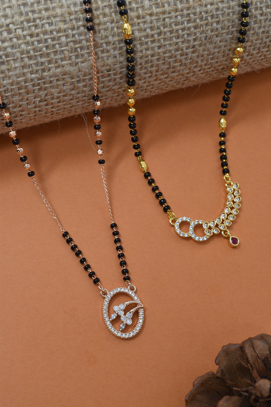 Meira Jewellery Traditional Black Bead Combo Mangalsutra Necklace for Women, Gold & Rose Gold Plated CZ Stone Stylish Mangalsutra Pendant Chain for Daily & Festive Ethnic Set of 2 Tanmaniya-97