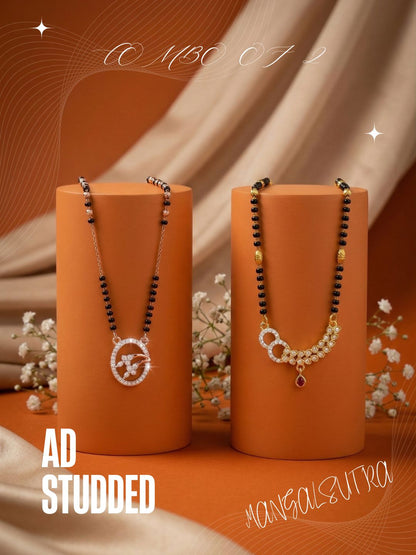 Meira Jewellery Traditional Black Bead Combo Mangalsutra Necklace for Women, Gold & Rose Gold Plated CZ Stone Stylish Mangalsutra Pendant Chain for Daily & Festive Ethnic Set of 2 Tanmaniya-97