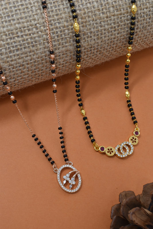 Meira Jewellery Traditional Black Bead Combo Mangalsutra Necklace for Women, Gold & Rose Gold Plated CZ Stone Stylish Mangalsutra Pendant Chain for Daily & Festive Ethnic Set of 2 Tanmaniya-98