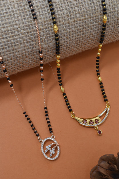 Meira Jewellery Traditional Black Bead Combo Mangalsutra Necklace for Women, Gold & Rose Gold Plated CZ Stone Stylish Mangalsutra Pendant Chain for Daily & Festive Ethnic Set of 2 Tanmaniya-100