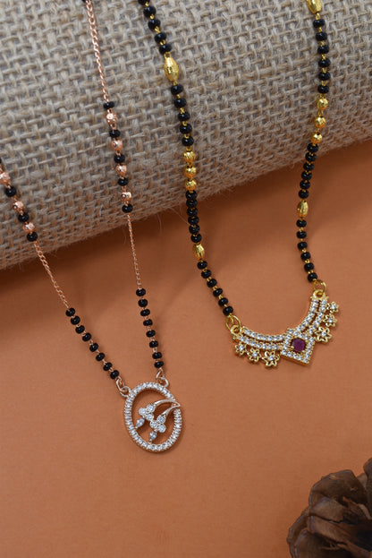 Meira Jewellery Traditional Black Bead Combo Mangalsutra Necklace for Women, Gold & Rose Gold Plated CZ Stone Stylish Mangalsutra Pendant Chain for Daily & Festive Ethnic Set of 2 Tanmaniya-101