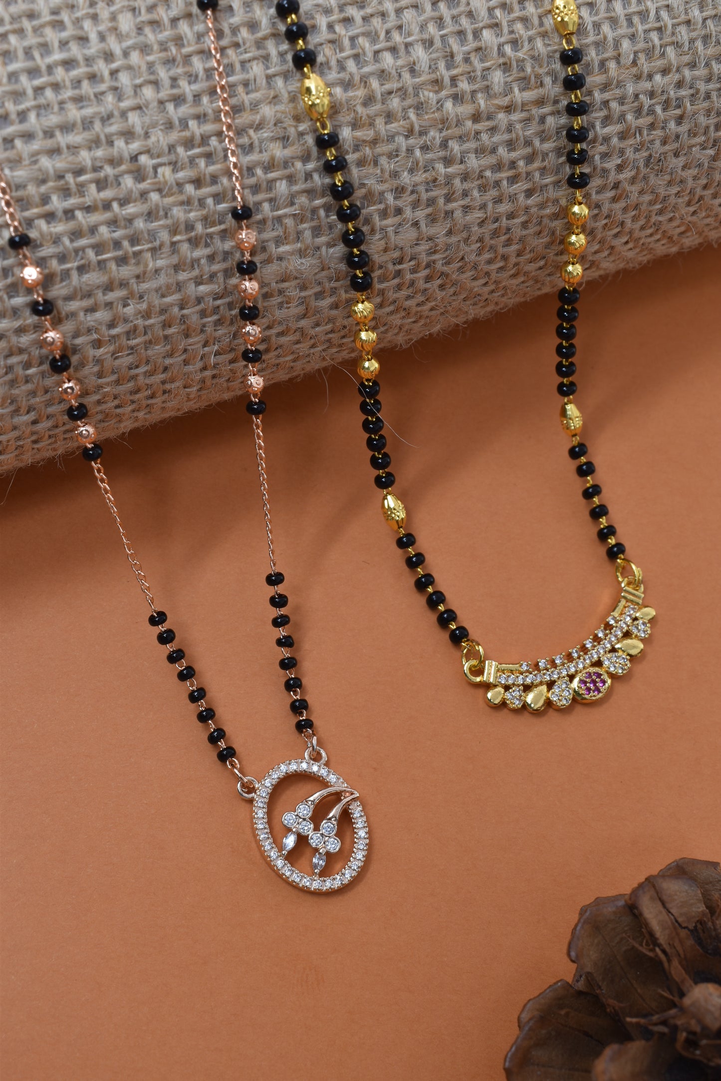 Meira Jewellery Traditional Black Bead Combo Mangalsutra Necklace for Women, Gold & Rose Gold Plated CZ Stone Stylish Mangalsutra Pendant Chain for Daily & Festive Ethnic Set of 2 Tanmaniya-102