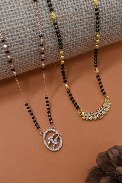 Meira Jewellery Traditional Black Bead Combo Mangalsutra Necklace for Women, Gold & Rose Gold Plated CZ Stone Stylish Mangalsutra Pendant Chain for Daily & Festive Ethnic Set of 2 Tanmaniya-102